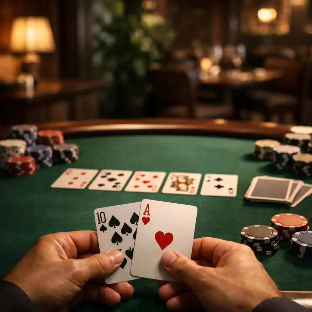 Fizyczny stół pokerowy z zielonym suknem, kartami i żetonami w kameralnej restauracji Zakątek Smaków