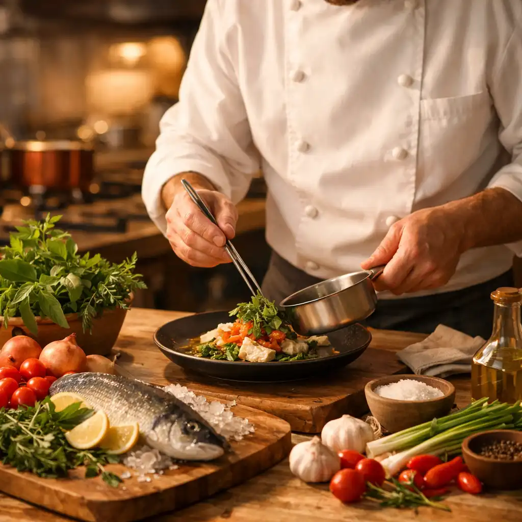 Szef kuchni w otwartej kuchni Zakątka Smaków przygotowuje danie ze świeżych składników