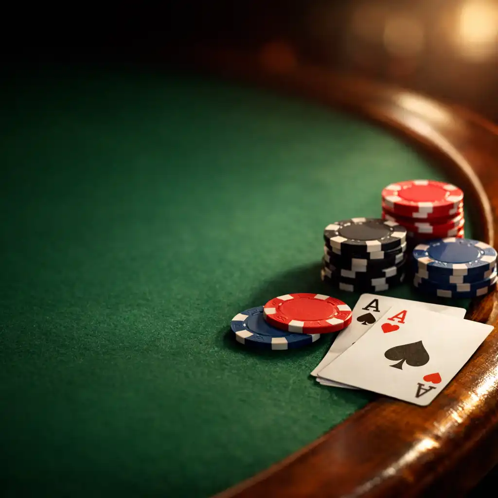 Zbliżenie na detal stołu pokerowego: zielone sukno, drewniana krawędź, żetony i karty