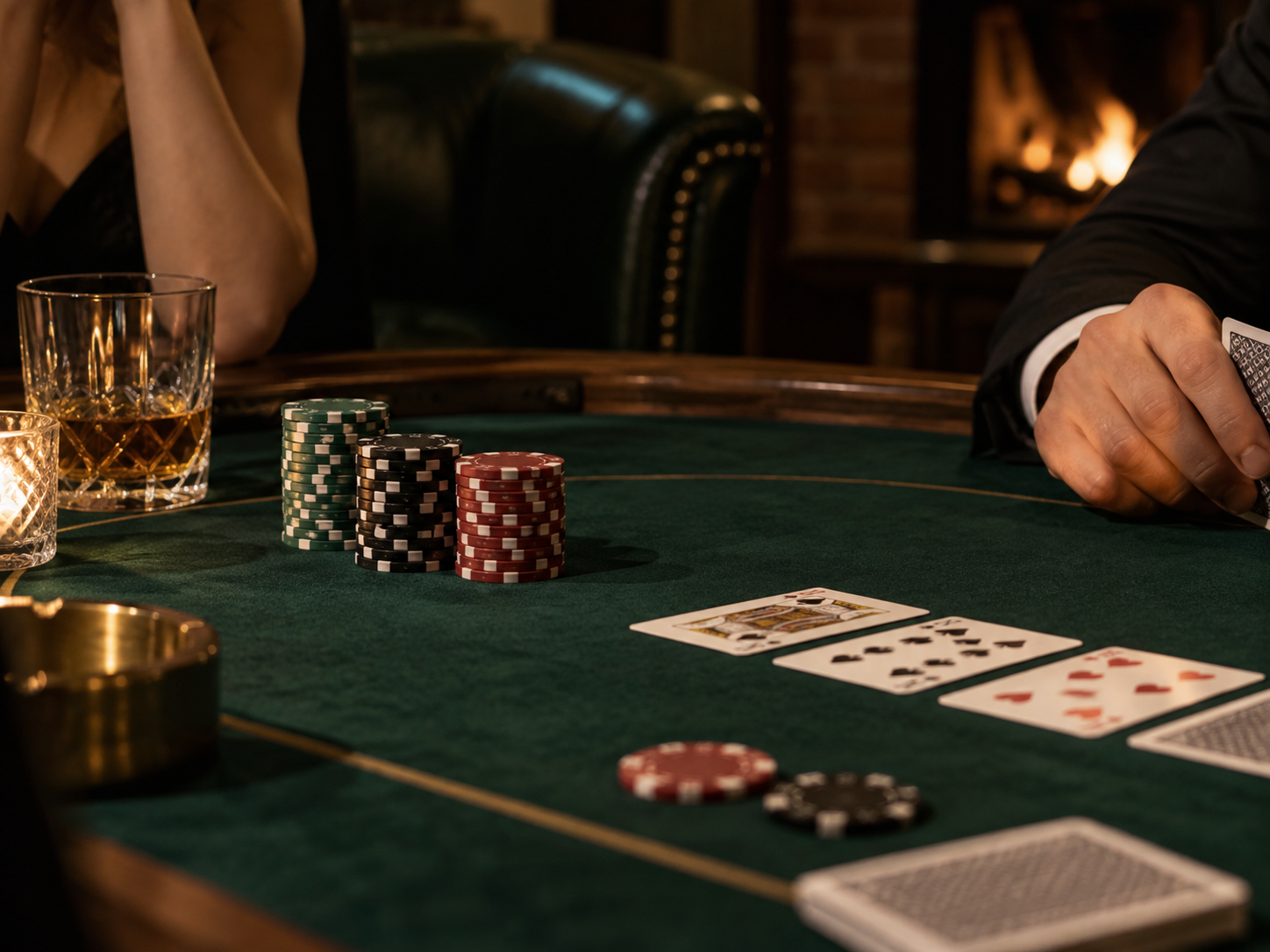 Fragment fizycznego stołu pokerowego w jednym narożniku kadru