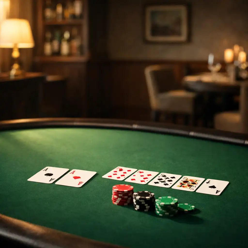 Elegancki stół pokerowy z zielonym suknem w ciepłym świetle restauracji