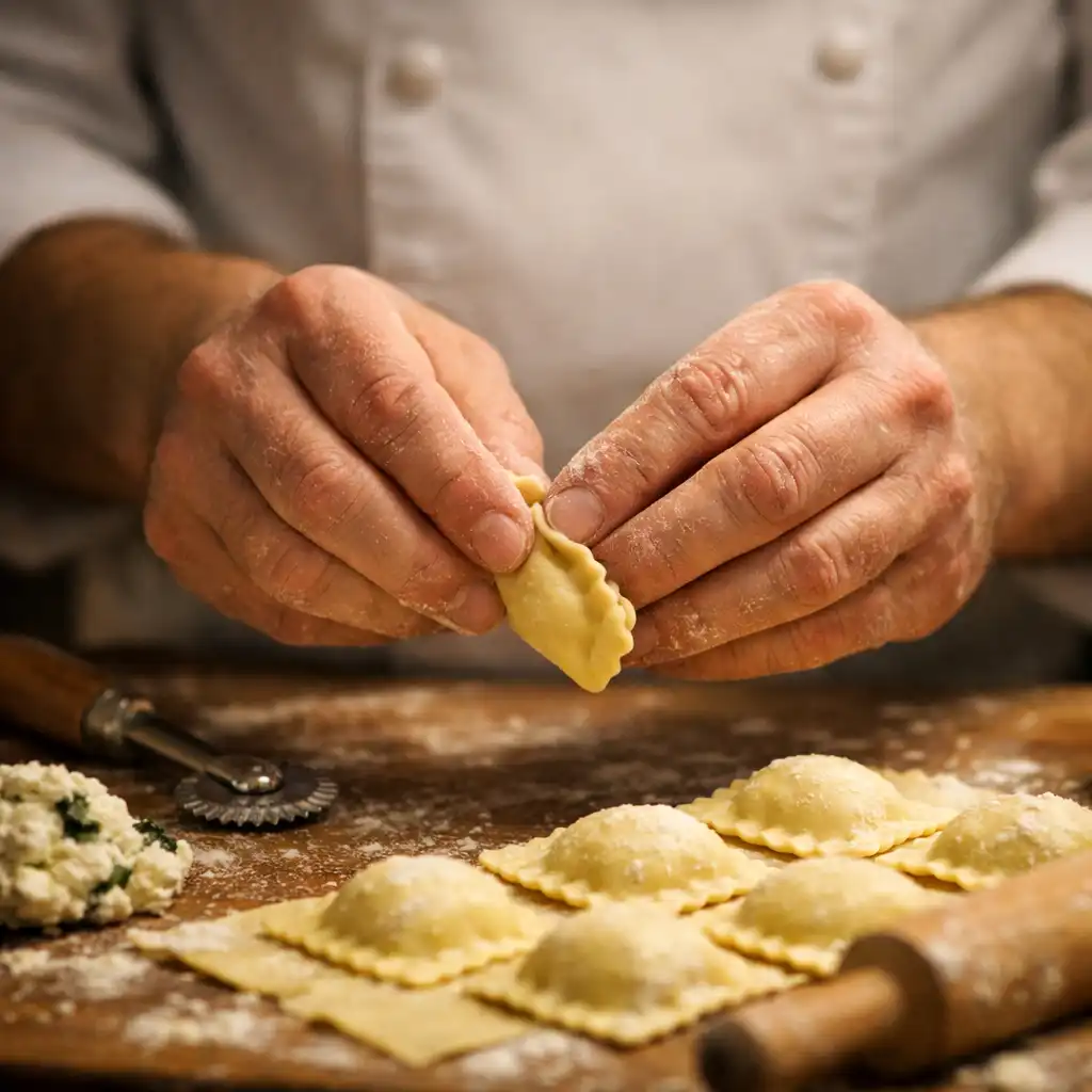 Ręce kucharza podczas formowania ravioli lub krojenia warzyw, skupienie na dłoniach i produkcie
