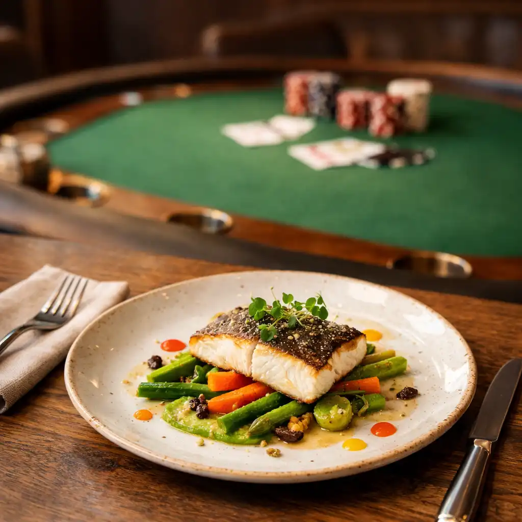 Eleganckie danie w restauracji Zakątek Smaków z widokiem na stół pokerowy w tle