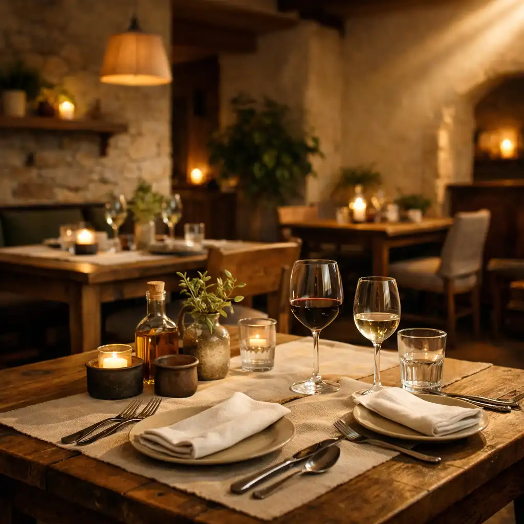 Ciepłe wnętrze kameralnej restauracji Zakątek Smaków z drewnianymi stołami i miękkim światłem architektonicznym