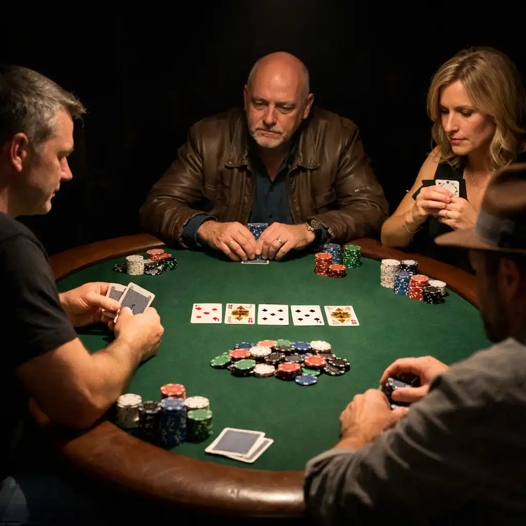 Fizyczny stół pokerowy z zielonym suknem, prawdziwymi kartami i żetonami, dorośli uczestnicy grają twarzą w twarz