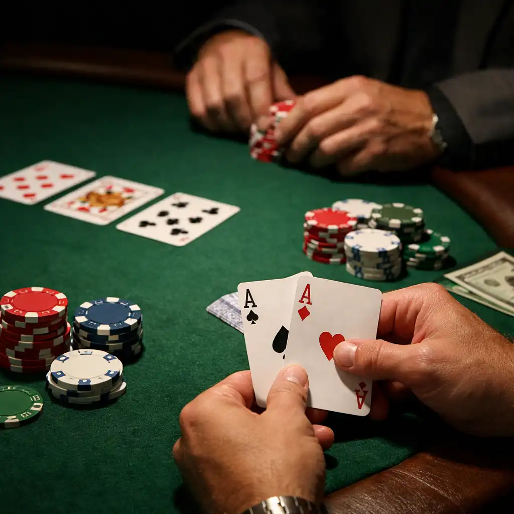 Fragment fizycznego stołu pokerowego z zielonym suknem, kartami i dłońmi dorosłych uczestników