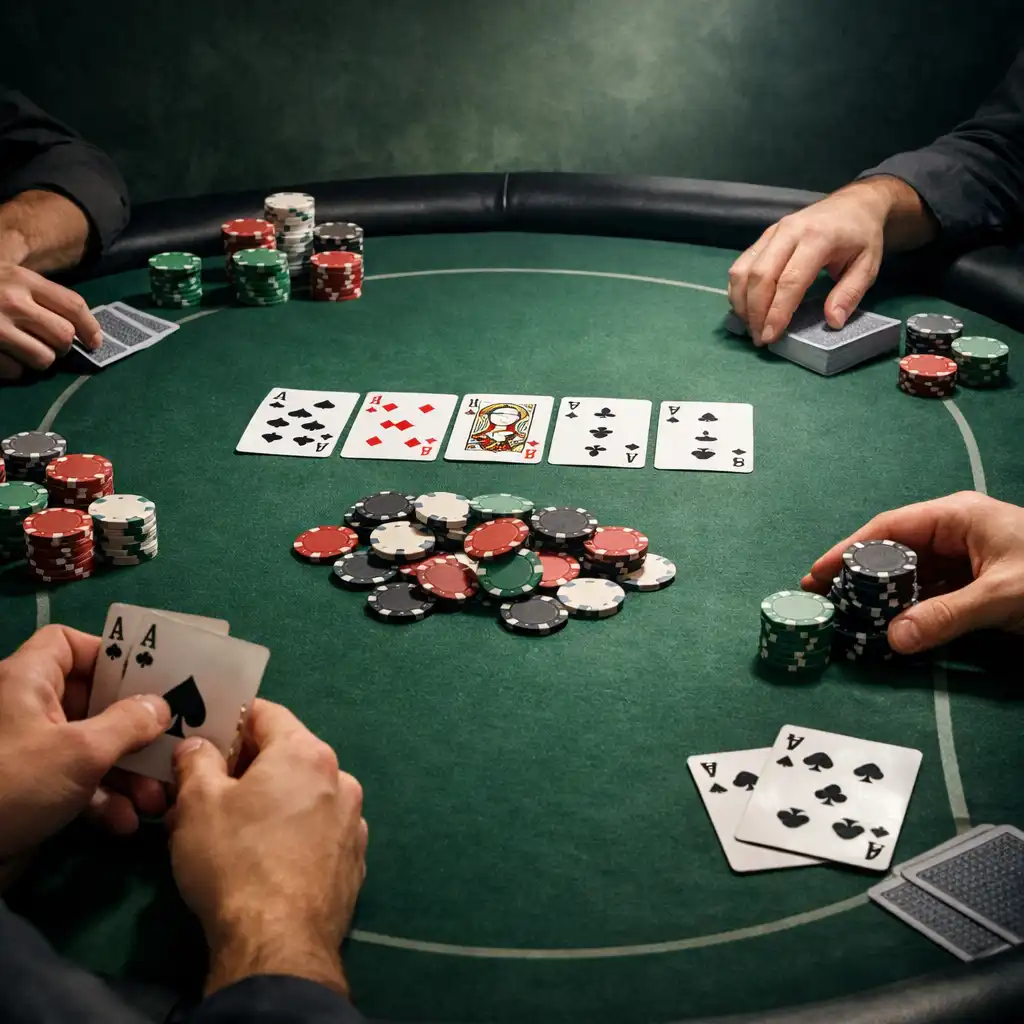 Fizyczny stół pokerowy z kartami i żetonami w sali pokerowej Zakątka Smaków