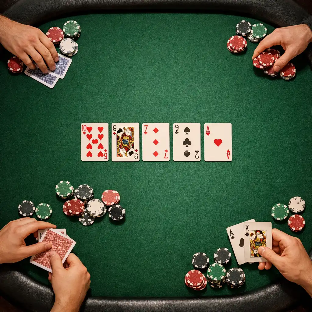 Fizyczny stół pokerowy widziany z góry, z zielonym suknem, kartami, żetonami i dłońmi uczestników