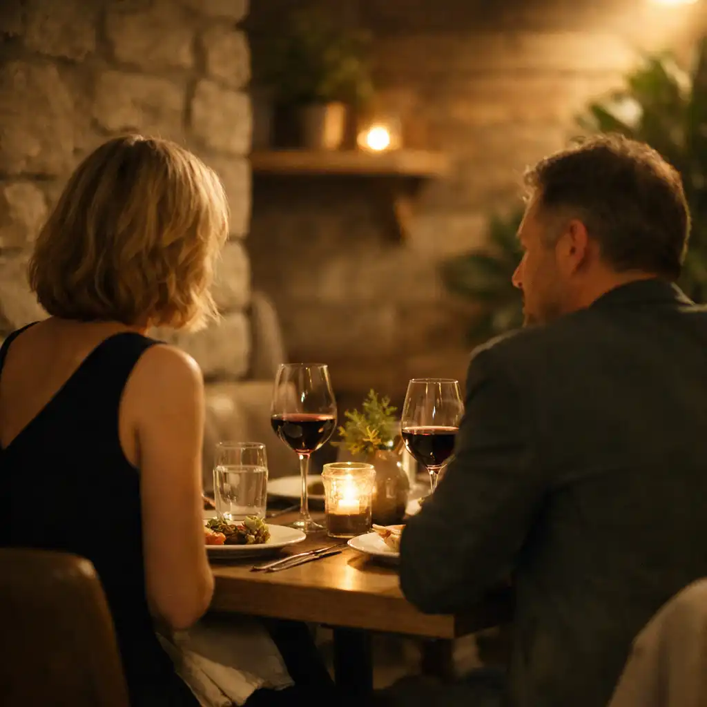 Dwoje dorosłych gości siedzących przy stole w kameralnej restauracji, widok z tyłu