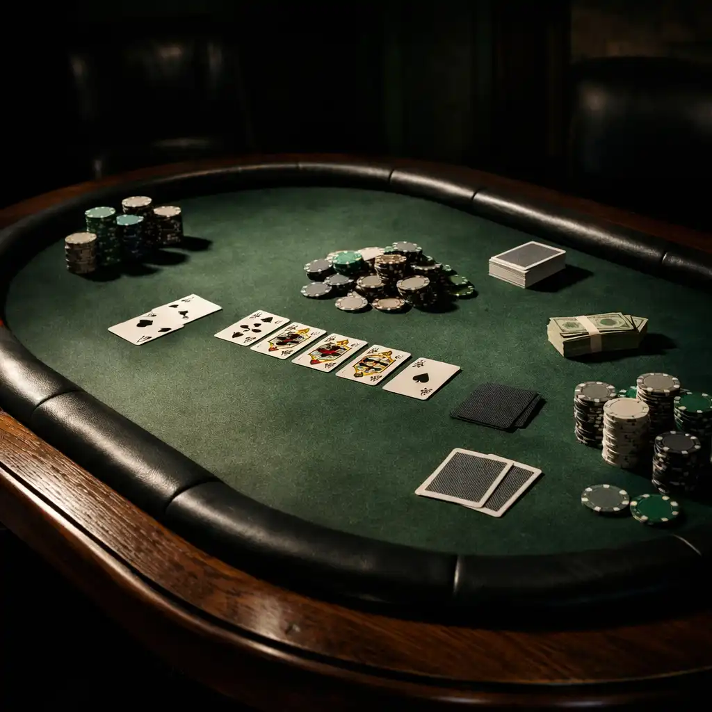 Fizyczny stół pokerowy z zielonym suknem, żetonami i kartami